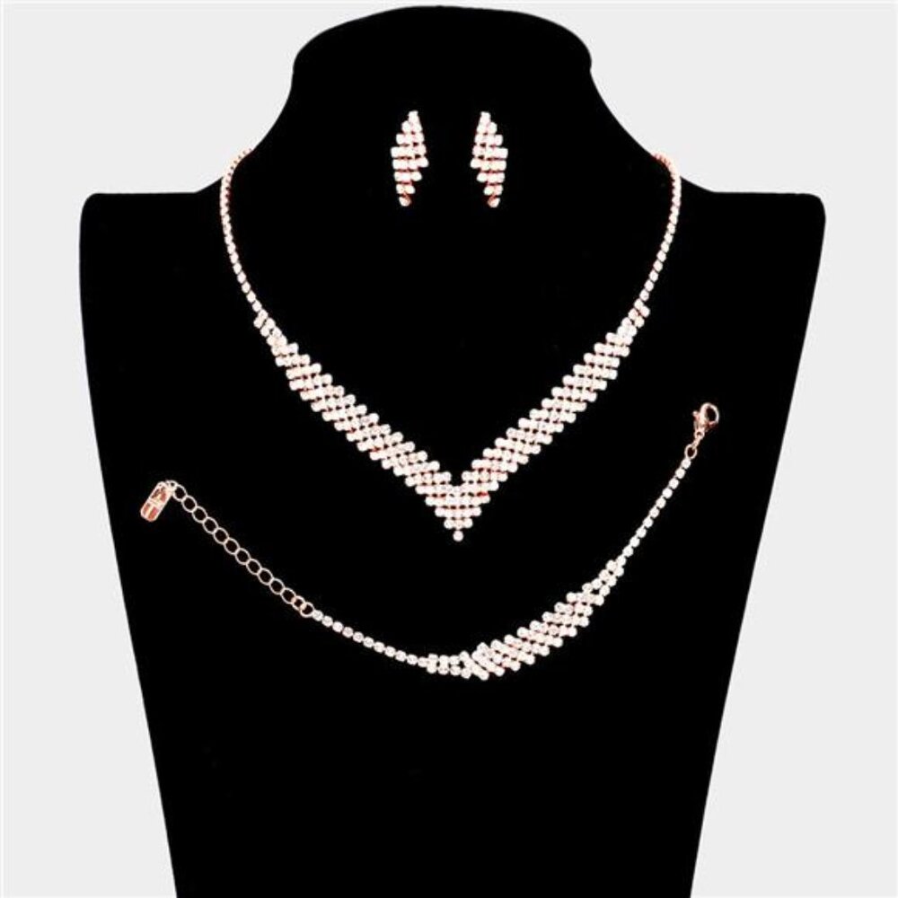3 Piece V Shaped Rhinestone Necklace Jewelry Set